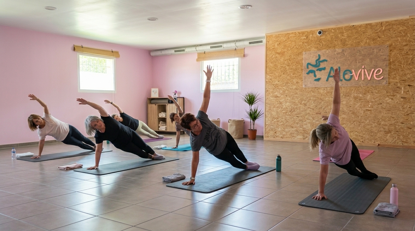 Femmes pratiquant le pilates en groupe.