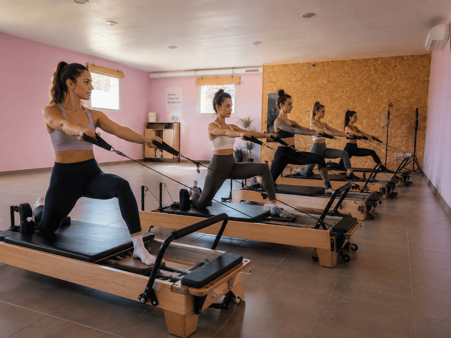 Cinq femmes en tenue de sport réalisent des exercices de Pilates Reformer sur des machines dans une salle de Pilates lumineuse.